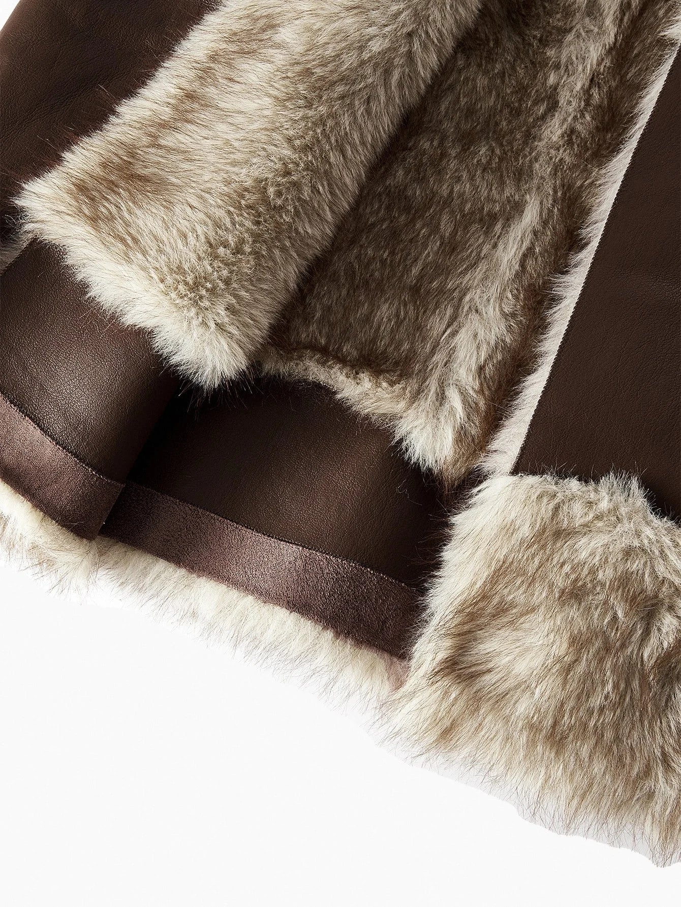 PREMIUM PU LEATHER FUZZY PANEL LAPEL COLLAR SINGLE BREASTED PLACKET BELTED COAT FALL WINTER