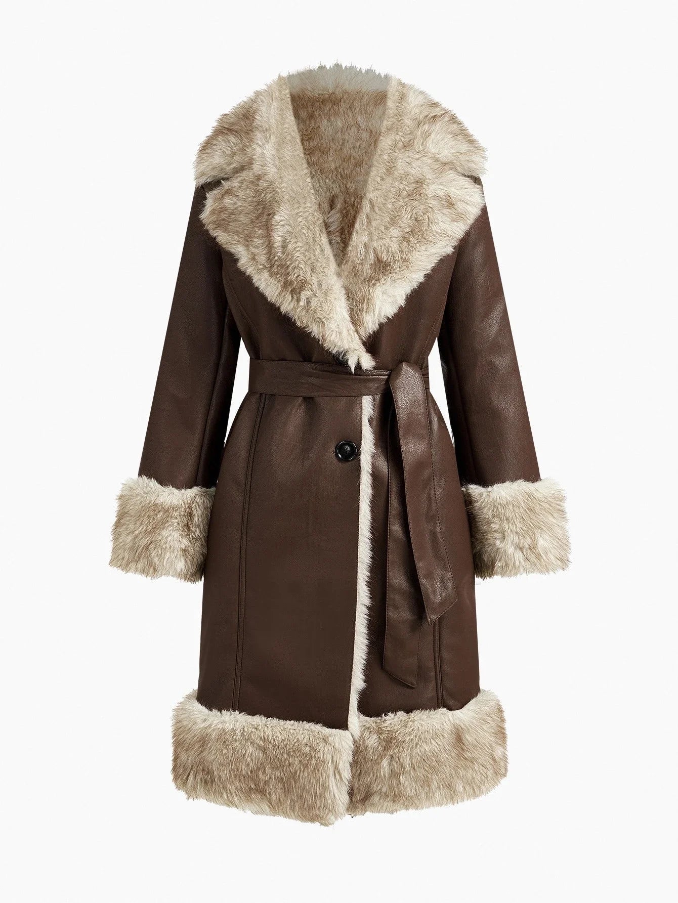 PREMIUM PU LEATHER FUZZY PANEL LAPEL COLLAR SINGLE BREASTED PLACKET BELTED COAT FALL WINTER