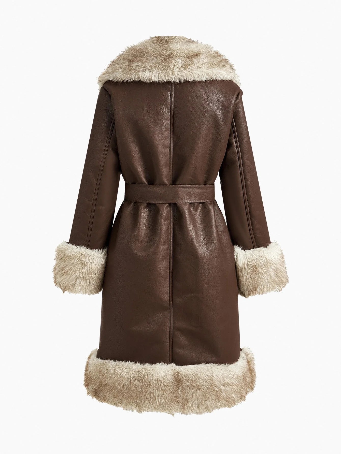 PREMIUM PU LEATHER FUZZY PANEL LAPEL COLLAR SINGLE BREASTED PLACKET BELTED COAT FALL WINTER