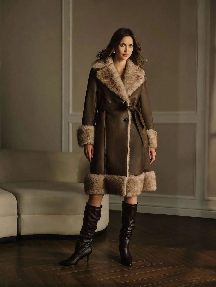 PREMIUM PU LEATHER FUZZY PANEL LAPEL COLLAR SINGLE BREASTED PLACKET BELTED COAT FALL WINTER