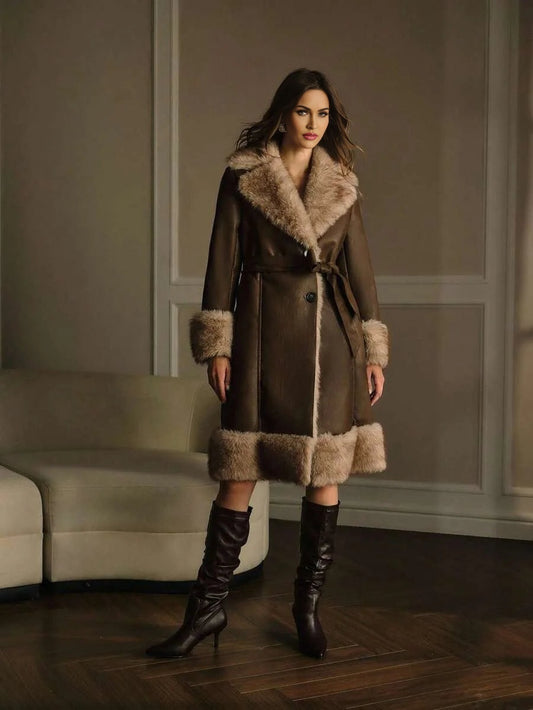 PREMIUM PU LEATHER FUZZY PANEL LAPEL COLLAR SINGLE BREASTED PLACKET BELTED COAT FALL WINTER