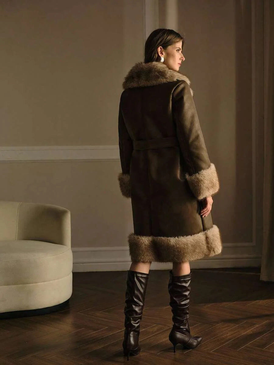 PREMIUM PU LEATHER FUZZY PANEL LAPEL COLLAR SINGLE BREASTED PLACKET BELTED COAT FALL WINTER