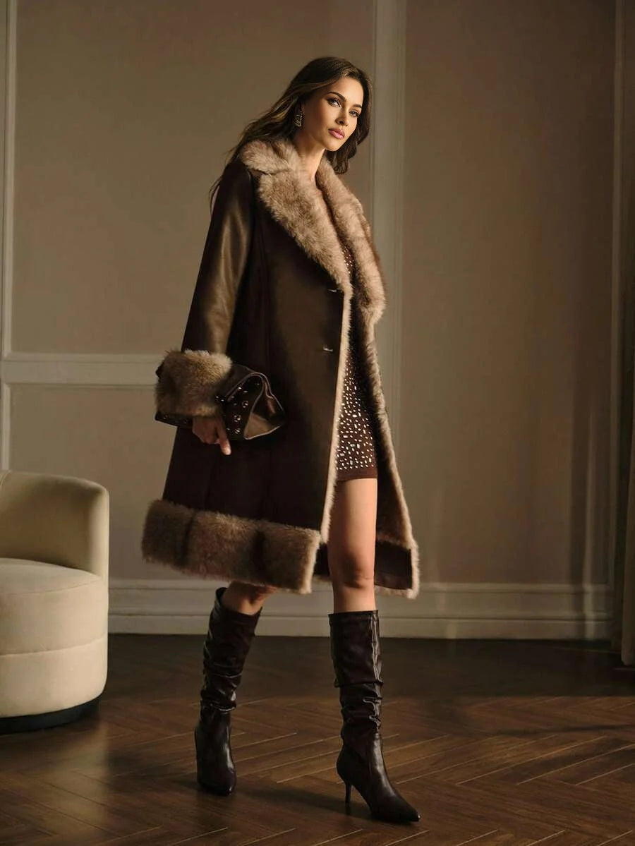 PREMIUM PU LEATHER FUZZY PANEL LAPEL COLLAR SINGLE BREASTED PLACKET BELTED COAT FALL WINTER