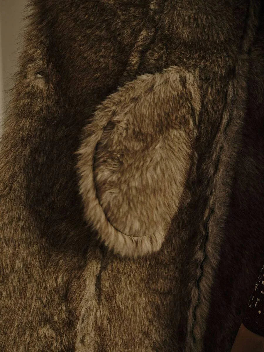 PREMIUM PU LEATHER FUZZY PANEL LAPEL COLLAR SINGLE BREASTED PLACKET BELTED COAT FALL WINTER