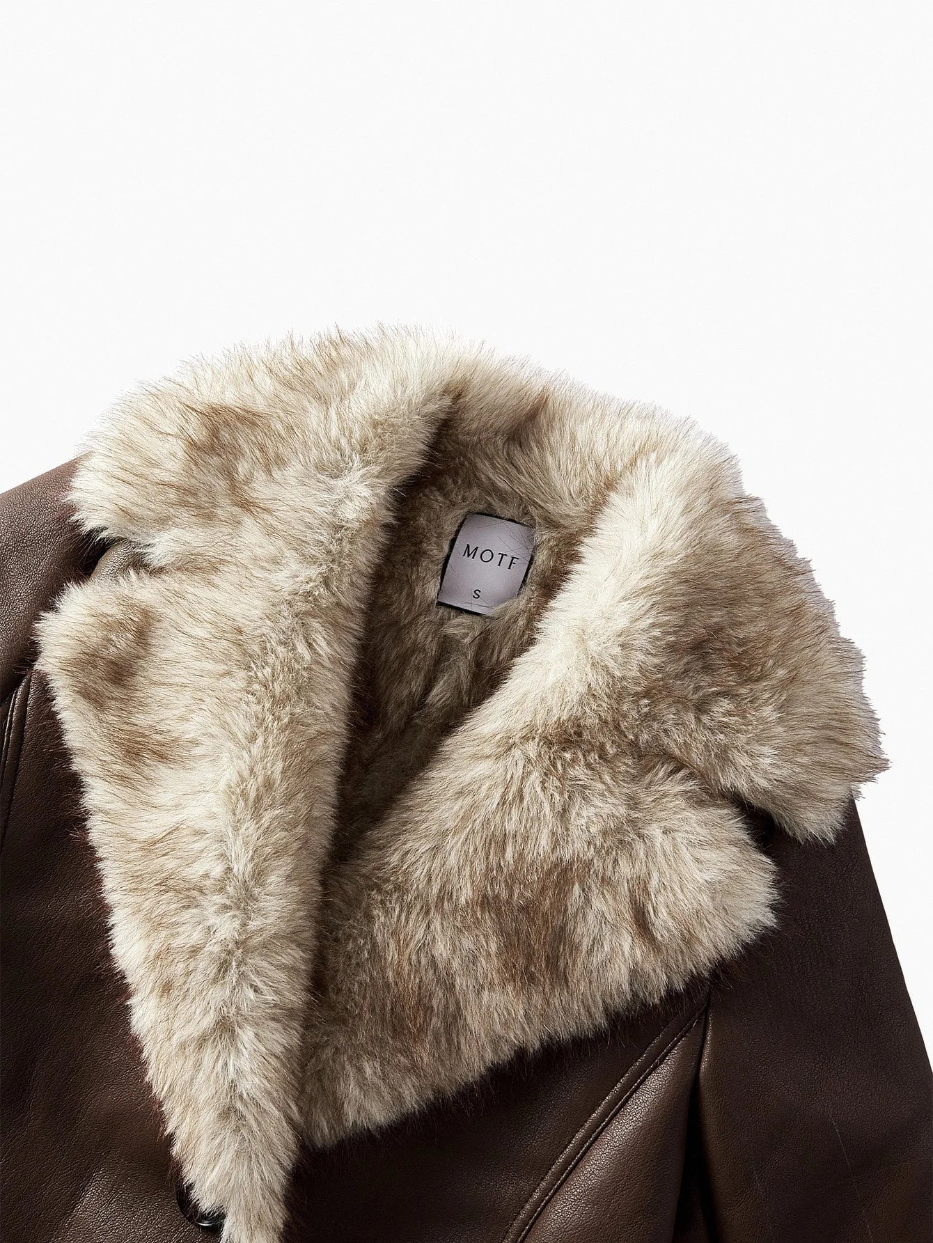 PREMIUM PU LEATHER FUZZY PANEL LAPEL COLLAR SINGLE BREASTED PLACKET BELTED COAT FALL WINTER