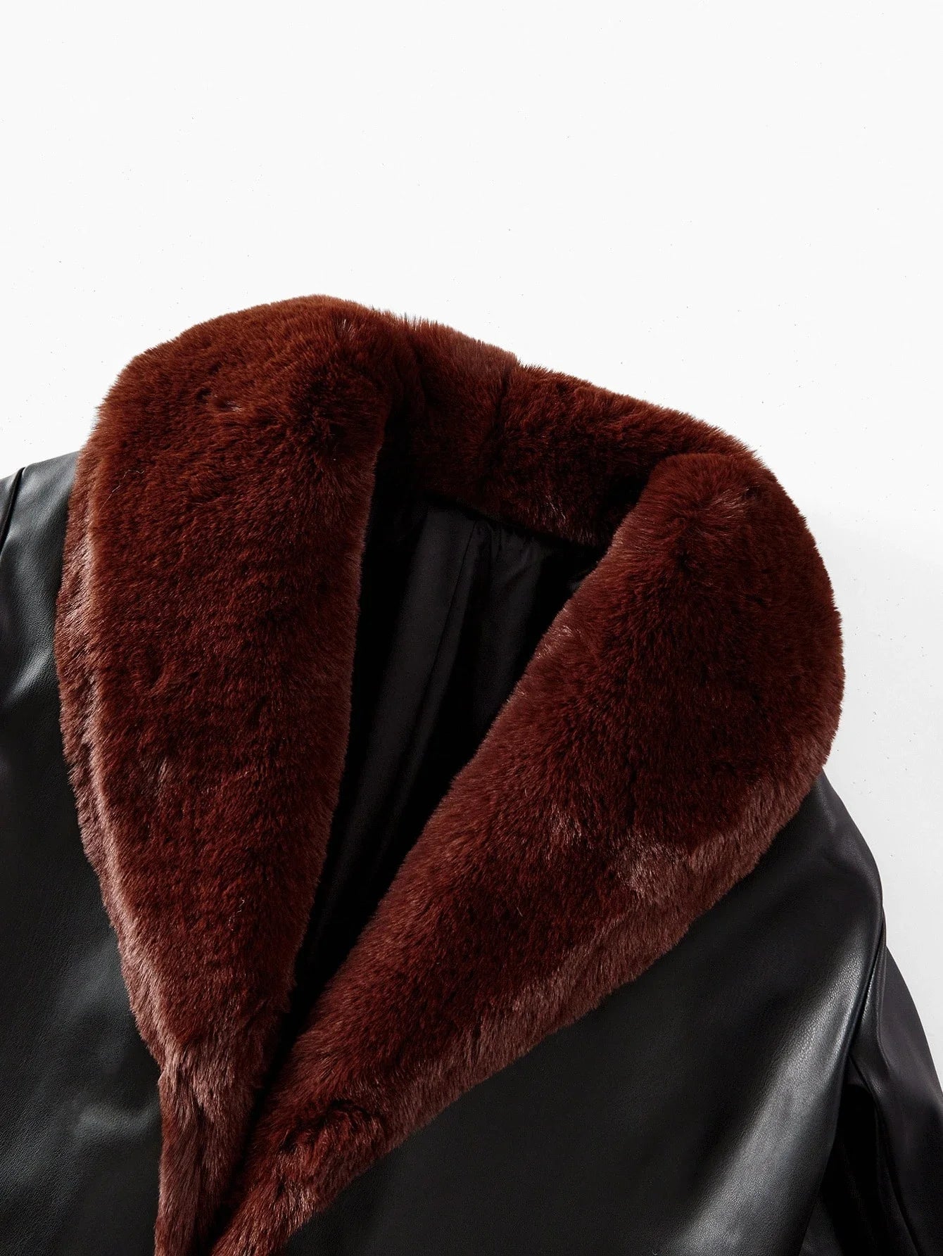 PREMIUM PU LEATHER PATCHWORK FAUX FUR COLLAR BELTED COAT FOR WOMEN