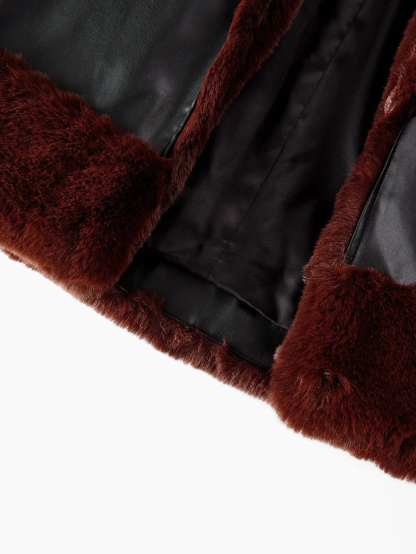 PREMIUM PU LEATHER PATCHWORK FAUX FUR COLLAR BELTED COAT FOR WOMEN