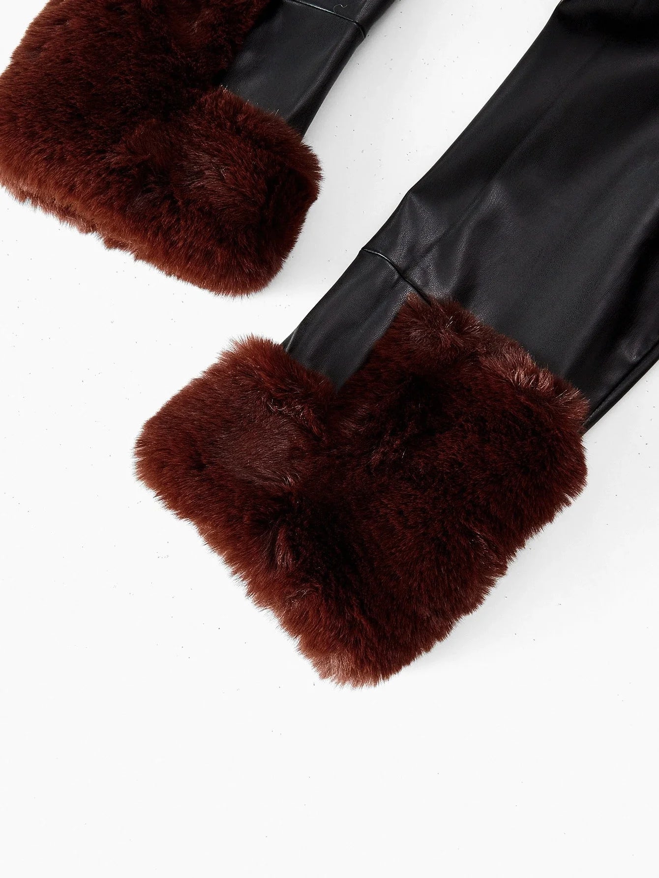 PREMIUM PU LEATHER PATCHWORK FAUX FUR COLLAR BELTED COAT FOR WOMEN