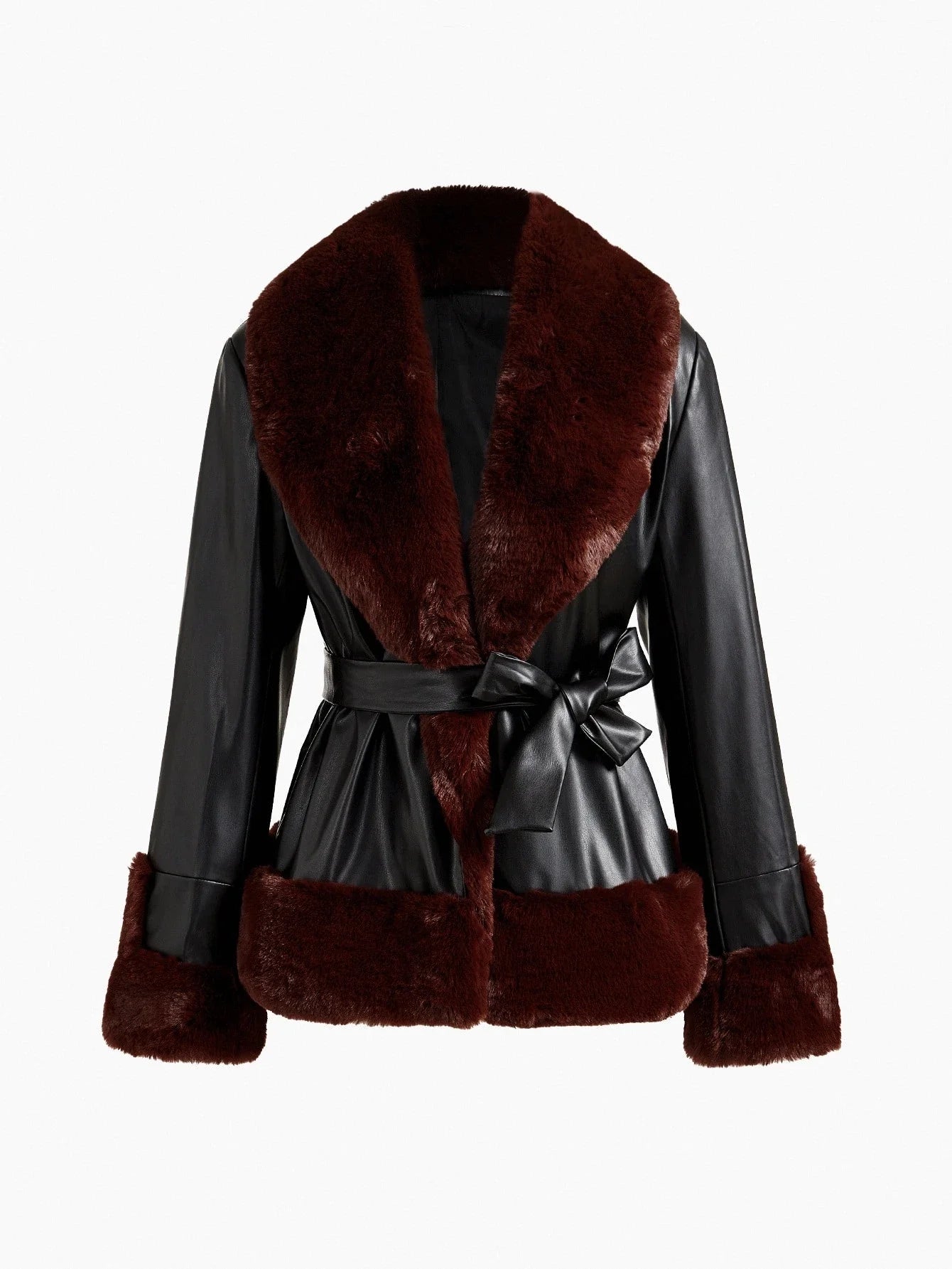 PREMIUM PU LEATHER PATCHWORK FAUX FUR COLLAR BELTED COAT FOR WOMEN