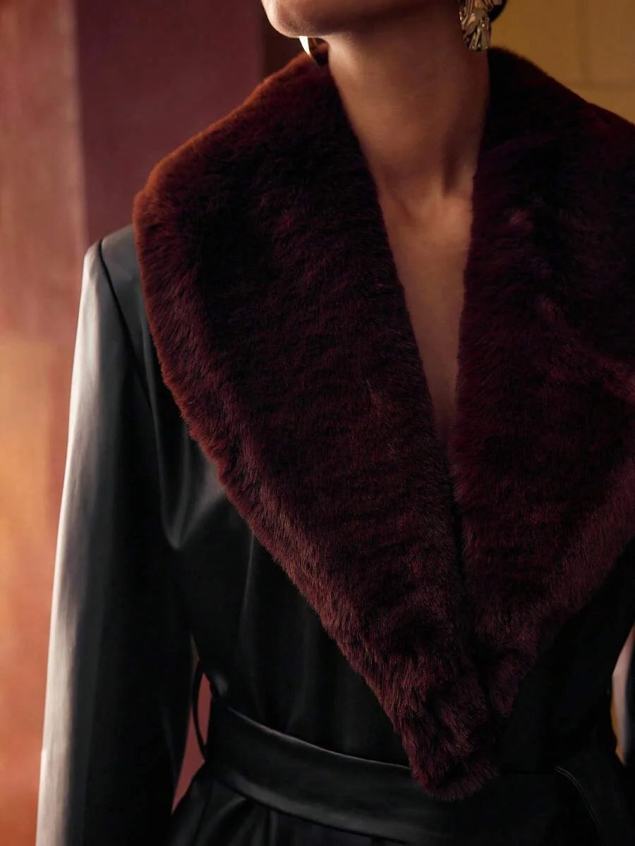 PREMIUM PU LEATHER PATCHWORK FAUX FUR COLLAR BELTED COAT FOR WOMEN