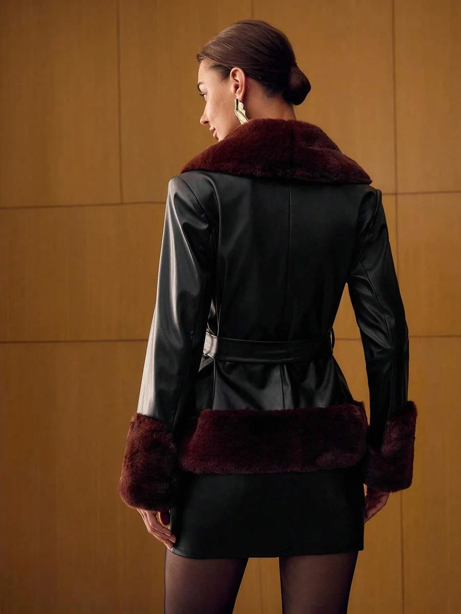 PREMIUM PU LEATHER PATCHWORK FAUX FUR COLLAR BELTED COAT FOR WOMEN