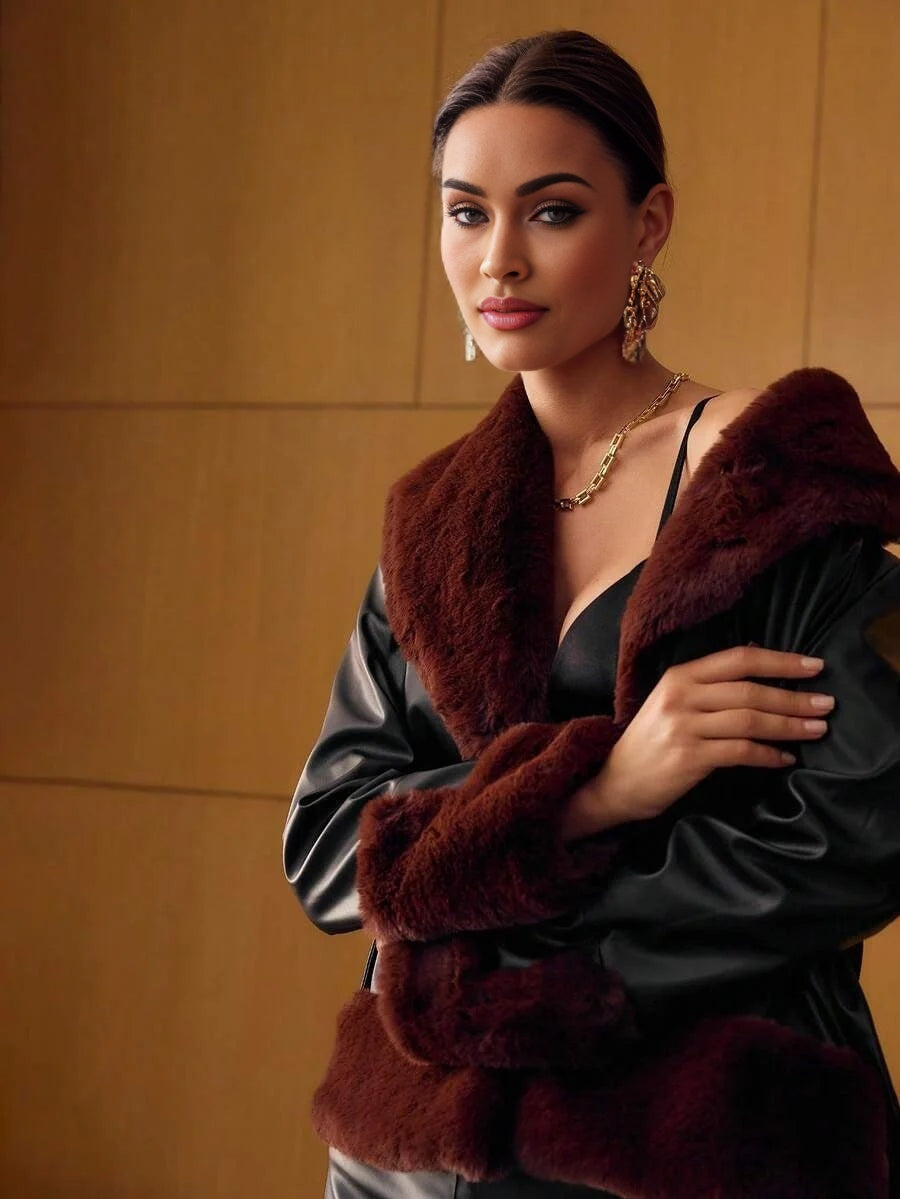 PREMIUM PU LEATHER PATCHWORK FAUX FUR COLLAR BELTED COAT FOR WOMEN