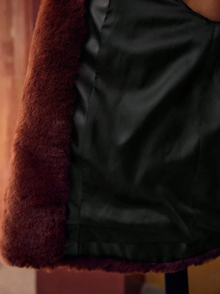 PREMIUM PU LEATHER PATCHWORK FAUX FUR COLLAR BELTED COAT FOR WOMEN