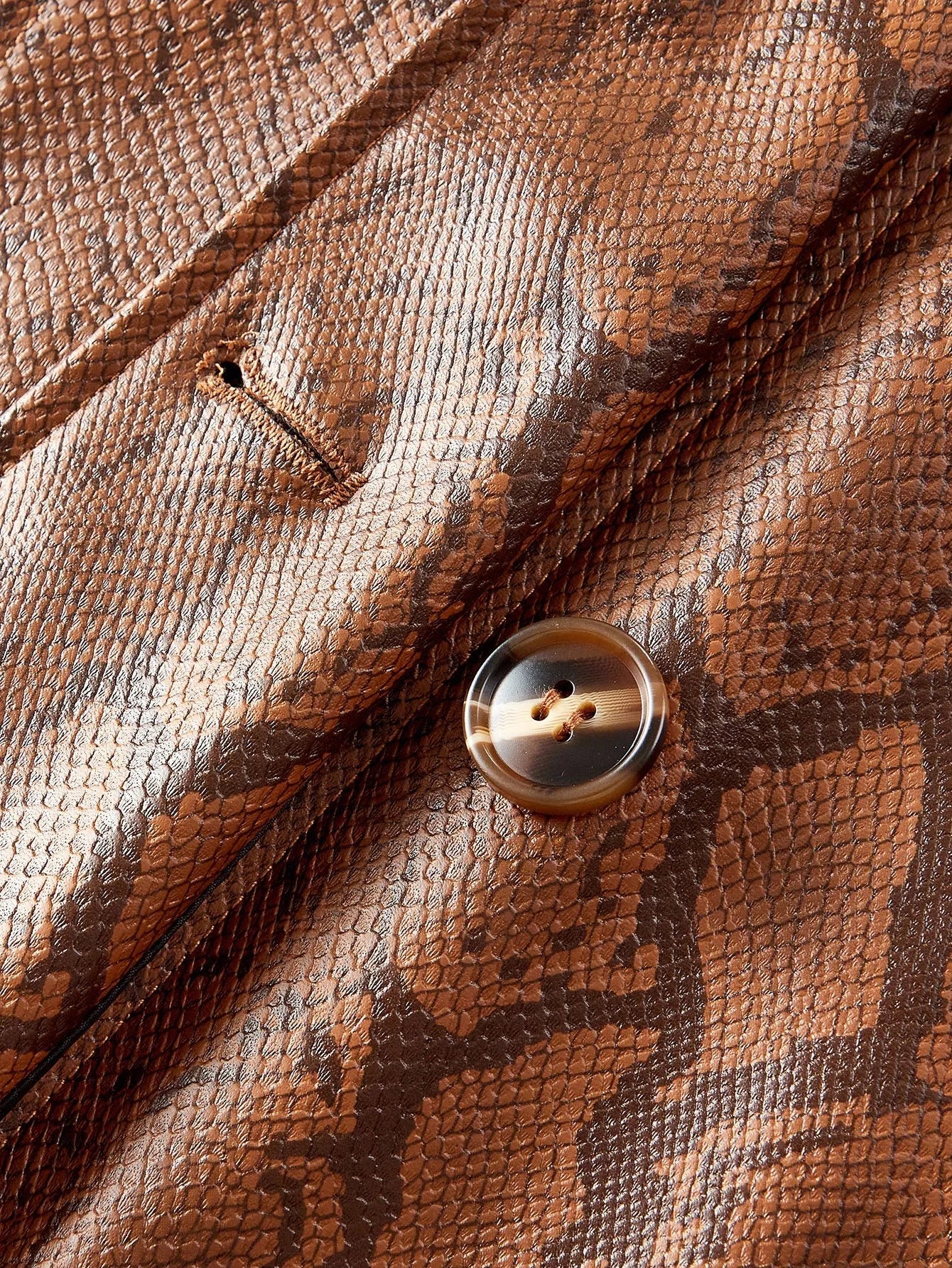 PREMIUM PU LEATHER SNAKESKIN PATTERN CONTRAST FUZZY PANEL BUCKLE BELTED FAUX FUR LONG COAT