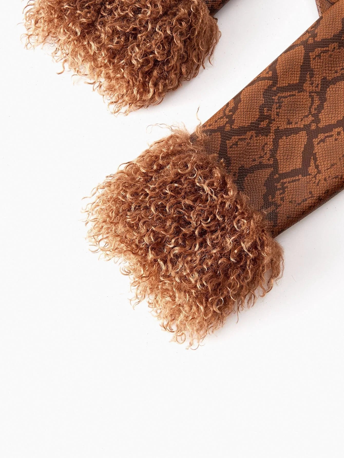 PREMIUM PU LEATHER SNAKESKIN PATTERN CONTRAST FUZZY PANEL BUCKLE BELTED FAUX FUR LONG COAT