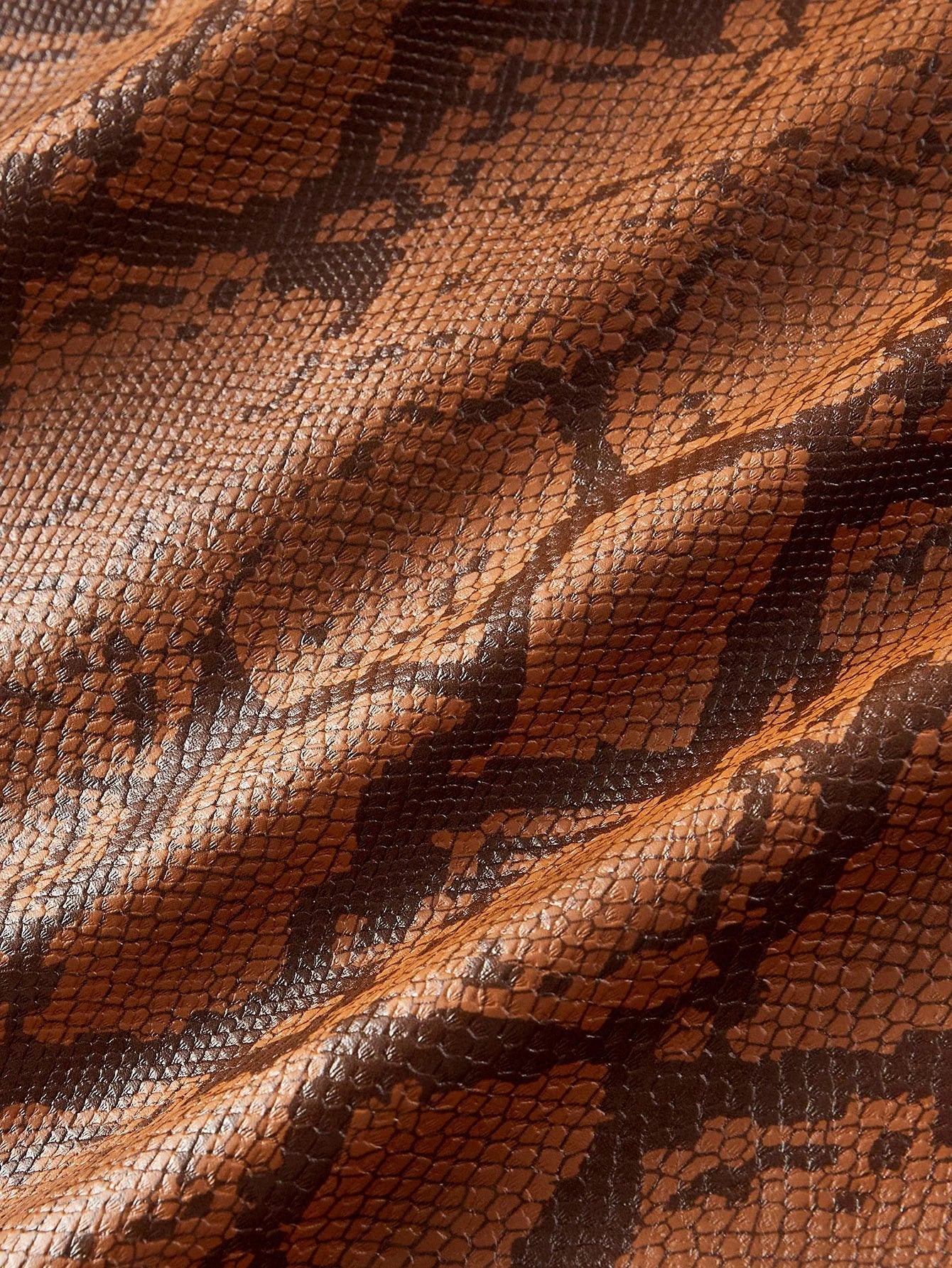 PREMIUM PU LEATHER SNAKESKIN PATTERN CONTRAST FUZZY PANEL BUCKLE BELTED FAUX FUR LONG COAT