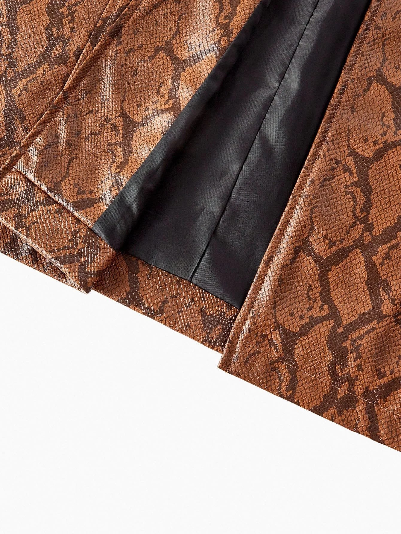 PREMIUM PU LEATHER SNAKESKIN PATTERN CONTRAST FUZZY PANEL BUCKLE BELTED FAUX FUR LONG COAT