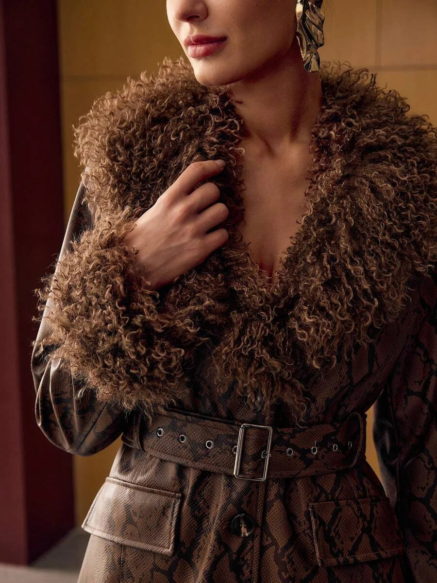 PREMIUM PU LEATHER SNAKESKIN PATTERN CONTRAST FUZZY PANEL BUCKLE BELTED FAUX FUR LONG COAT