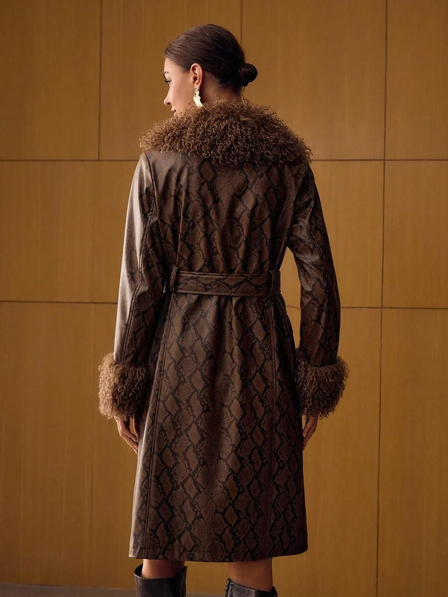 PREMIUM PU LEATHER SNAKESKIN PATTERN CONTRAST FUZZY PANEL BUCKLE BELTED FAUX FUR LONG COAT