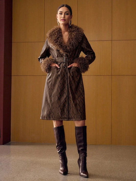 PREMIUM PU LEATHER SNAKESKIN PATTERN CONTRAST FUZZY PANEL BUCKLE BELTED FAUX FUR LONG COAT