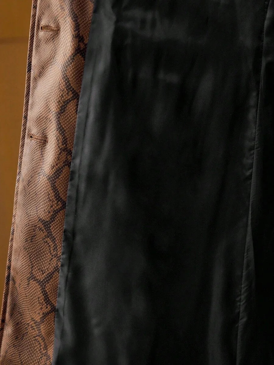 PREMIUM PU LEATHER SNAKESKIN PATTERN CONTRAST FUZZY PANEL BUCKLE BELTED FAUX FUR LONG COAT