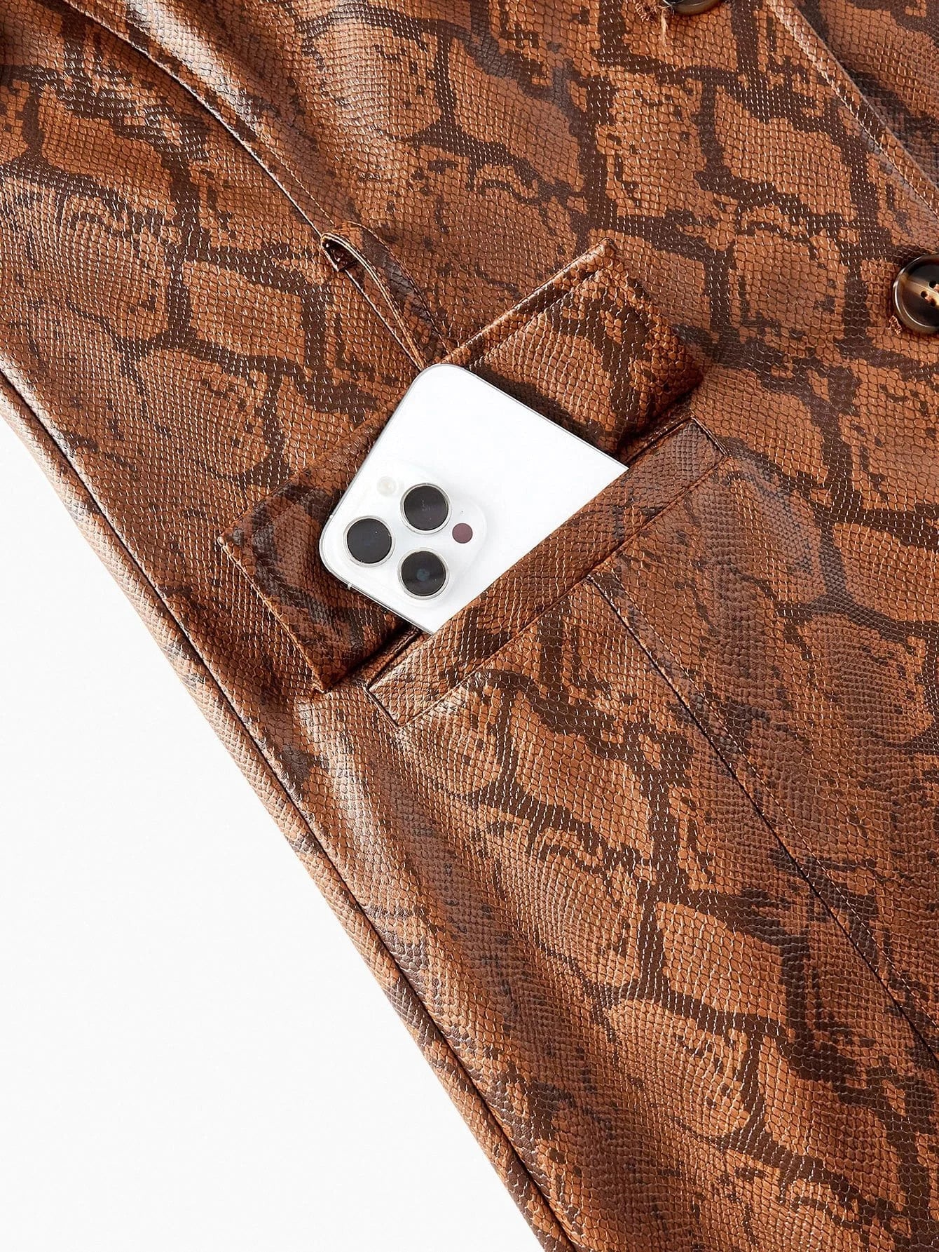 PREMIUM PU LEATHER SNAKESKIN PATTERN CONTRAST FUZZY PANEL BUCKLE BELTED FAUX FUR LONG COAT