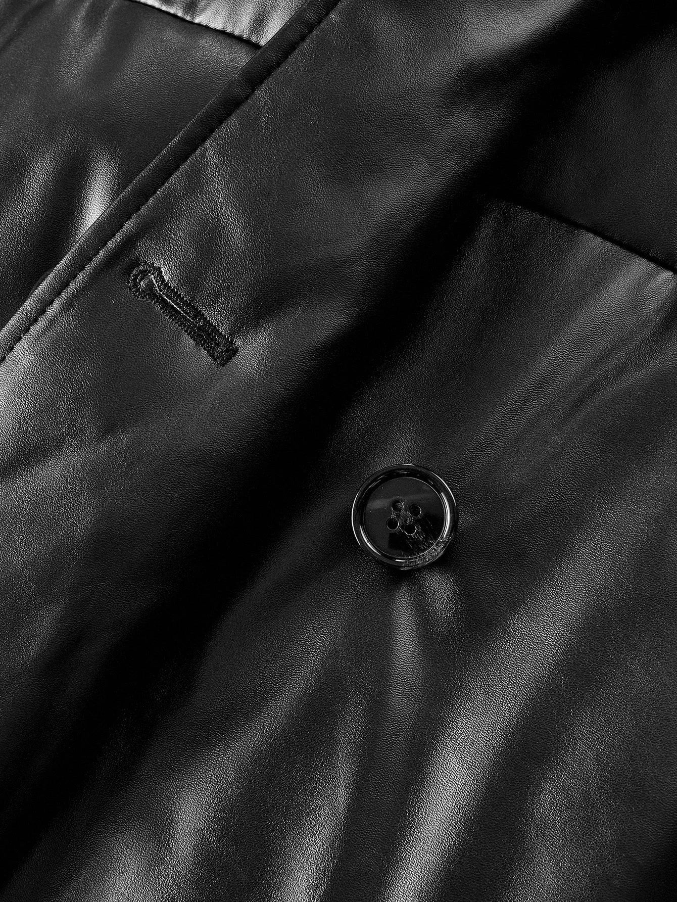 PREMIUM PU LEATHER SOLID PEAK COLLAR DOUBLE BREASTED PLACKET LONGLINE WINTER COAT