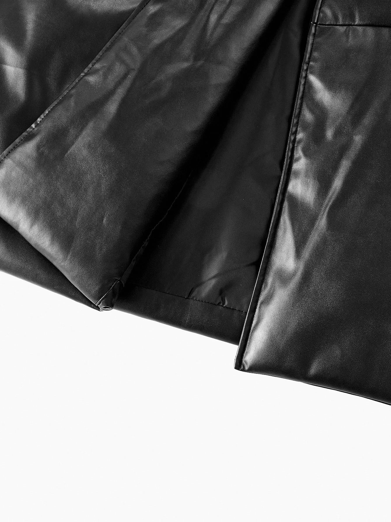 PREMIUM PU LEATHER SOLID PEAK COLLAR DOUBLE BREASTED PLACKET LONGLINE WINTER COAT