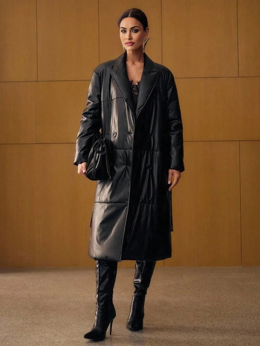 PREMIUM PU LEATHER SOLID PEAK COLLAR DOUBLE BREASTED PLACKET LONGLINE WINTER COAT