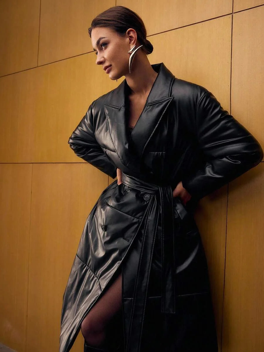 PREMIUM PU LEATHER SOLID PEAK COLLAR DOUBLE BREASTED PLACKET LONGLINE WINTER COAT