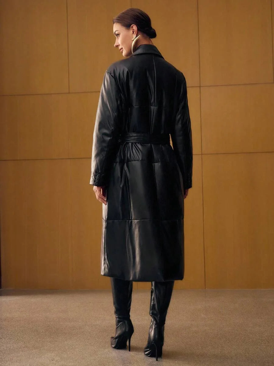 PREMIUM PU LEATHER SOLID PEAK COLLAR DOUBLE BREASTED PLACKET LONGLINE WINTER COAT