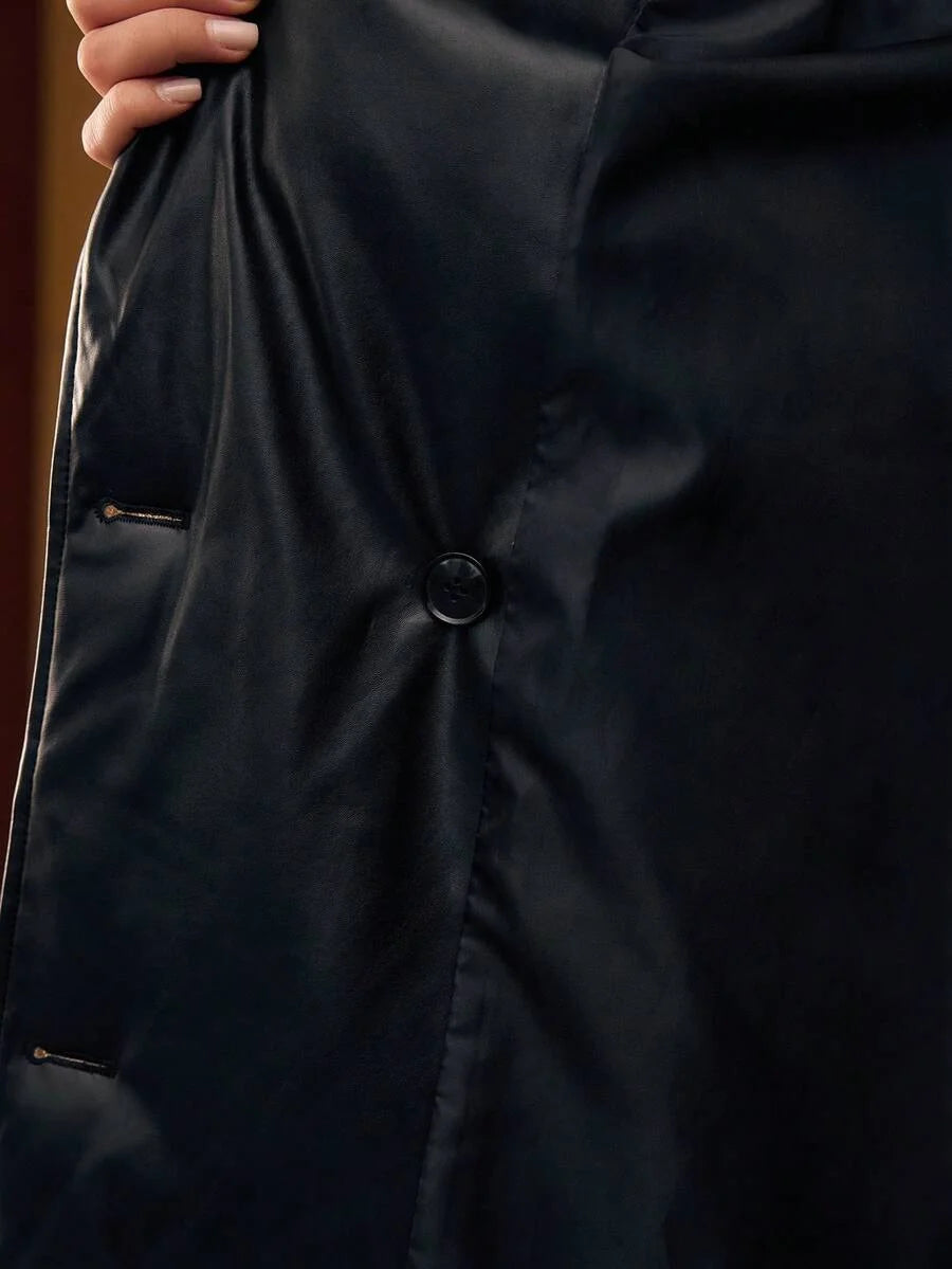 PREMIUM PU LEATHER SOLID PEAK COLLAR DOUBLE BREASTED PLACKET LONGLINE WINTER COAT