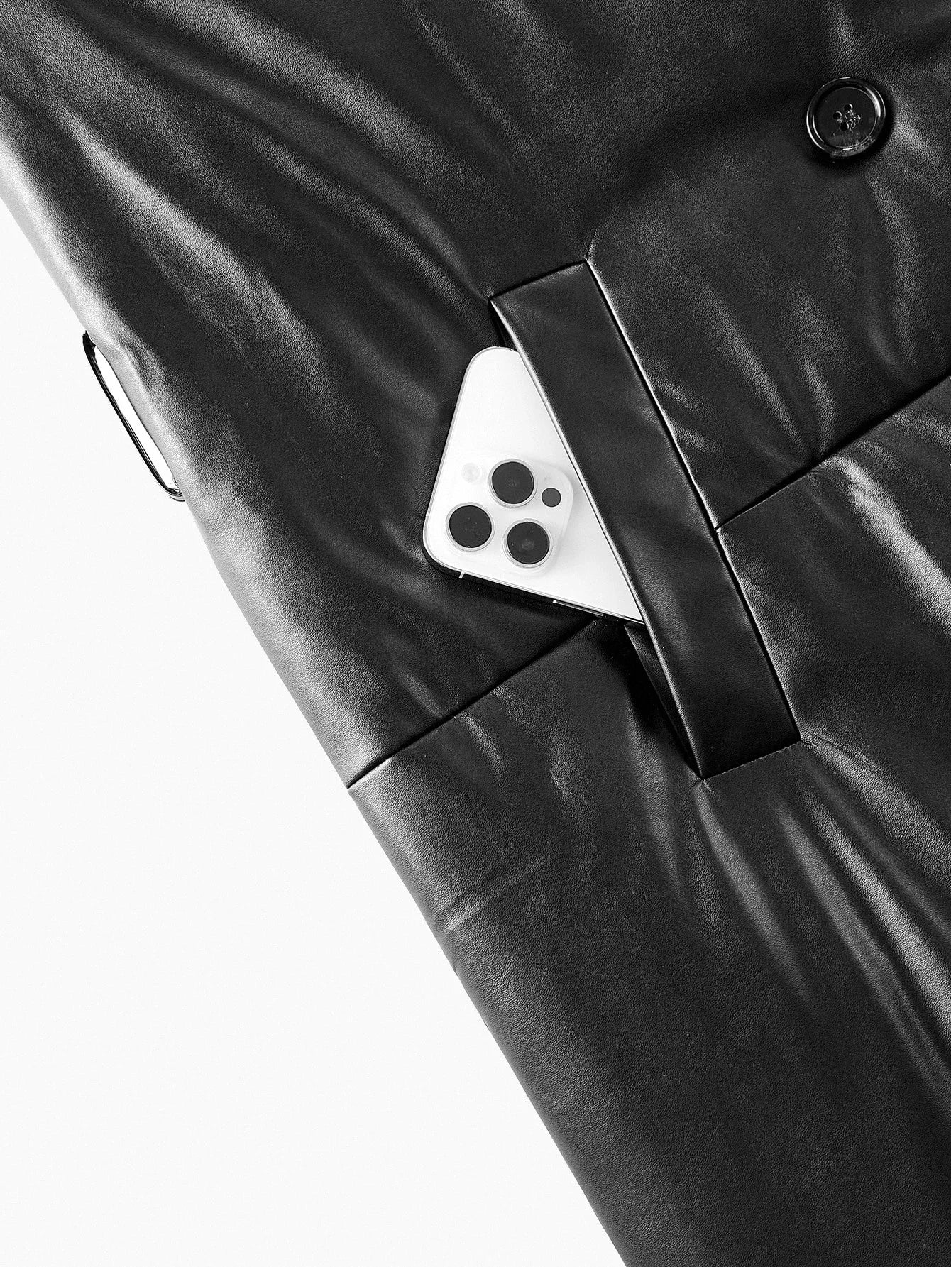 PREMIUM PU LEATHER SOLID PEAK COLLAR DOUBLE BREASTED PLACKET LONGLINE WINTER COAT