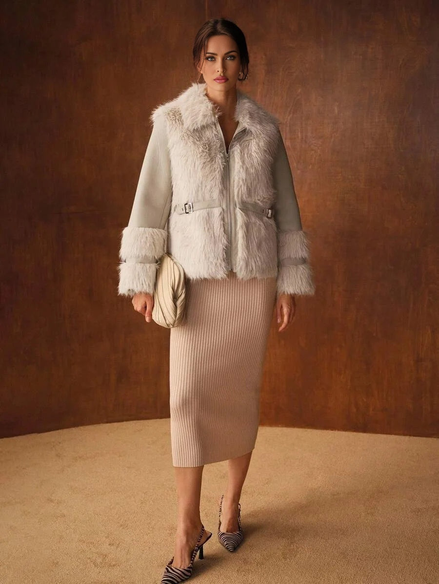 PREMIUM PU LEATHER ZIPPER FAUX FUR COAT