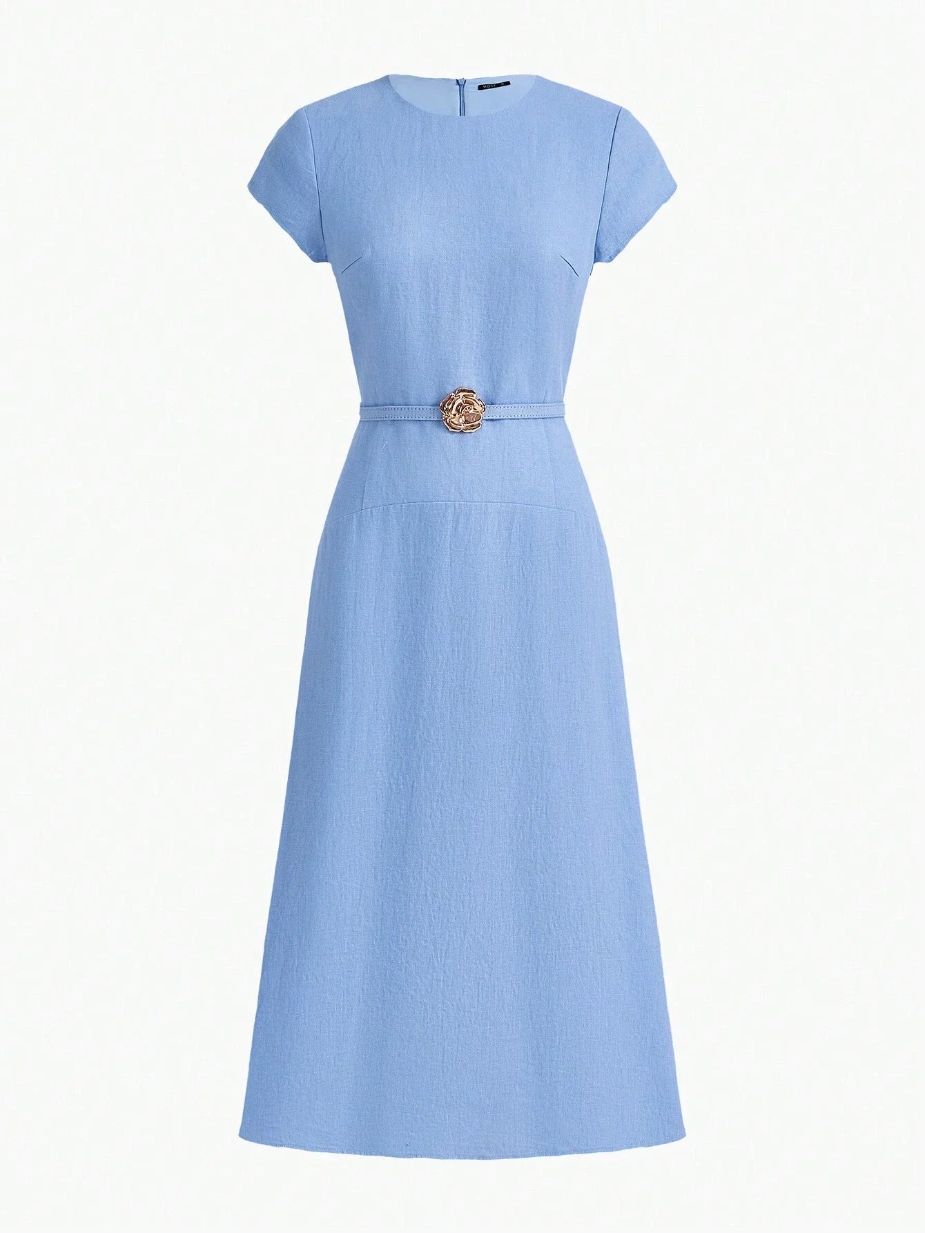 PREMIUM PURE LINEN SOLID GOLD METAL FLORAL BELTED DRESSSUMMER OUTFITS