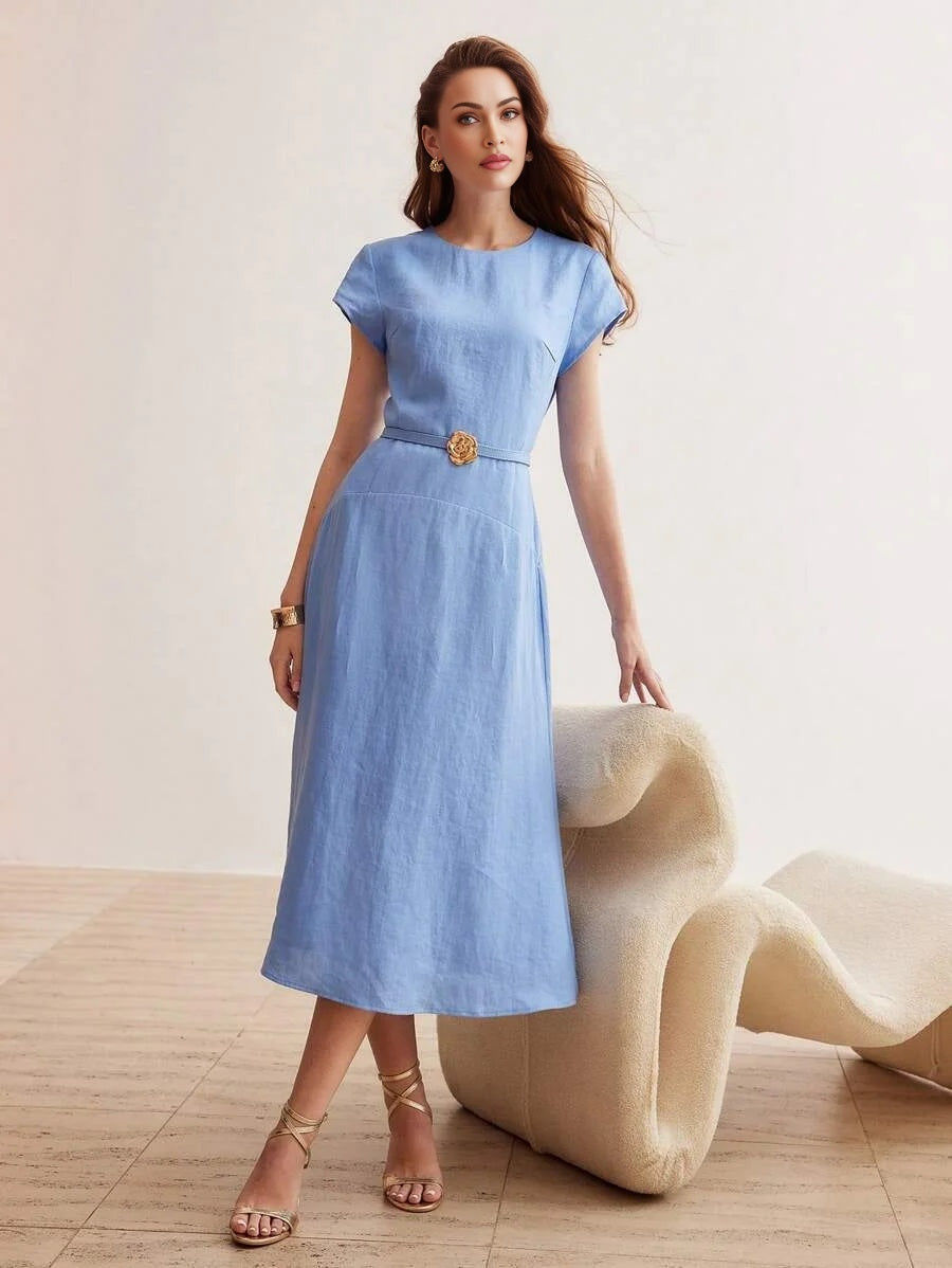 PREMIUM PURE LINEN SOLID GOLD METAL FLORAL BELTED DRESSSUMMER OUTFITS