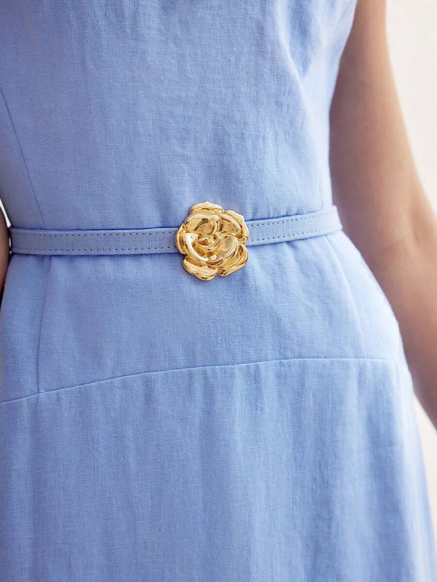 PREMIUM PURE LINEN SOLID GOLD METAL FLORAL BELTED DRESSSUMMER OUTFITS