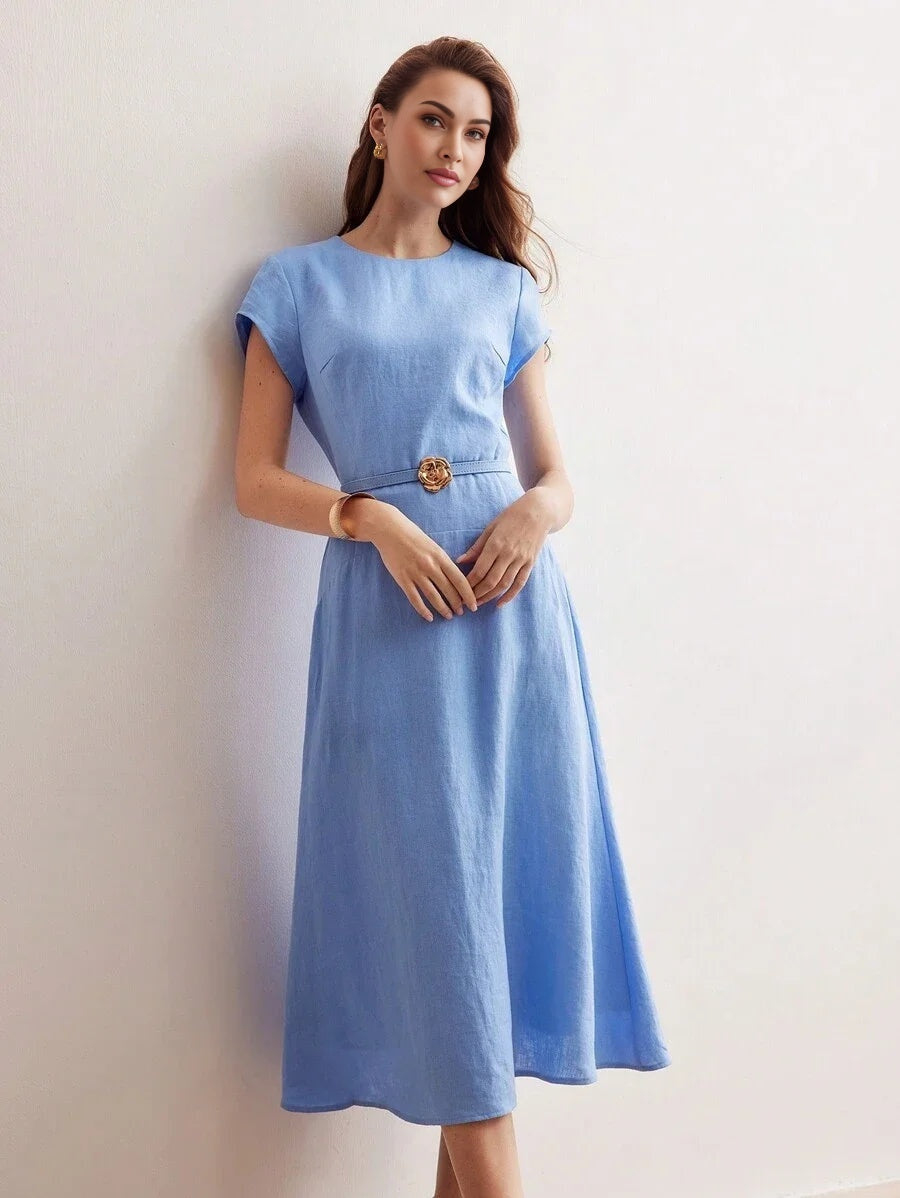 PREMIUM PURE LINEN SOLID GOLD METAL FLORAL BELTED DRESSSUMMER OUTFITS