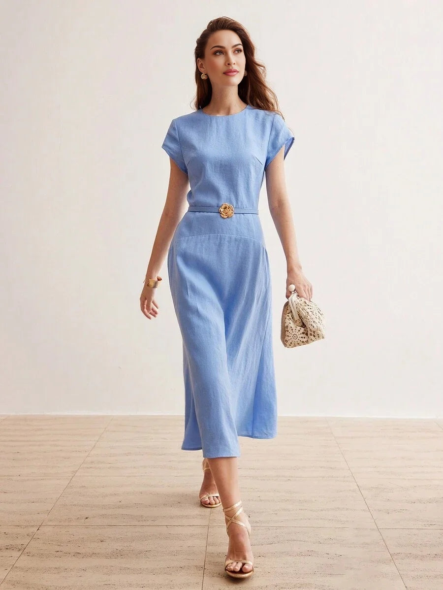 PREMIUM PURE LINEN SOLID GOLD METAL FLORAL BELTED DRESSSUMMER OUTFITS