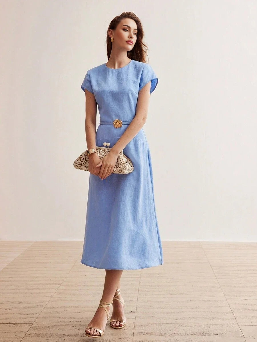 PREMIUM PURE LINEN SOLID GOLD METAL FLORAL BELTED DRESSSUMMER OUTFITS