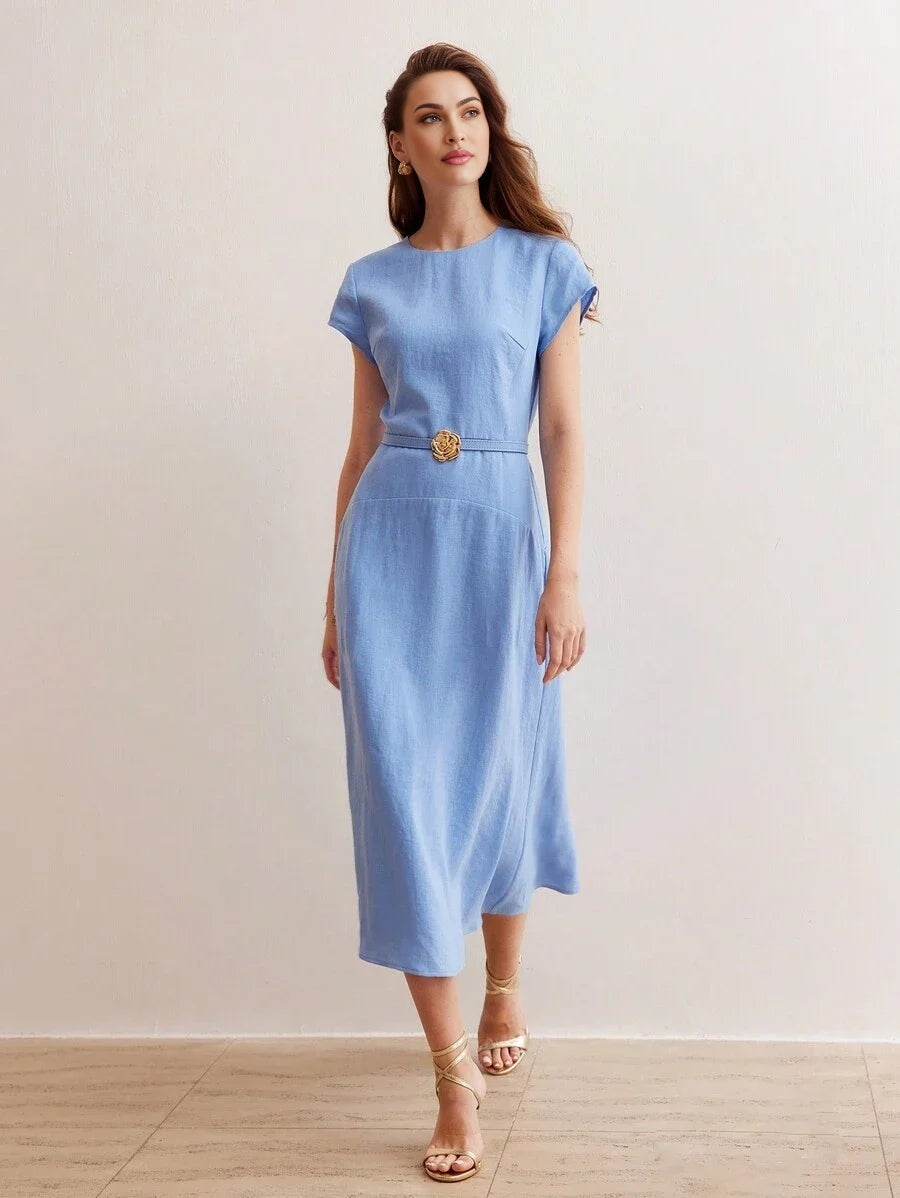 PREMIUM PURE LINEN SOLID GOLD METAL FLORAL BELTED DRESSSUMMER OUTFITS