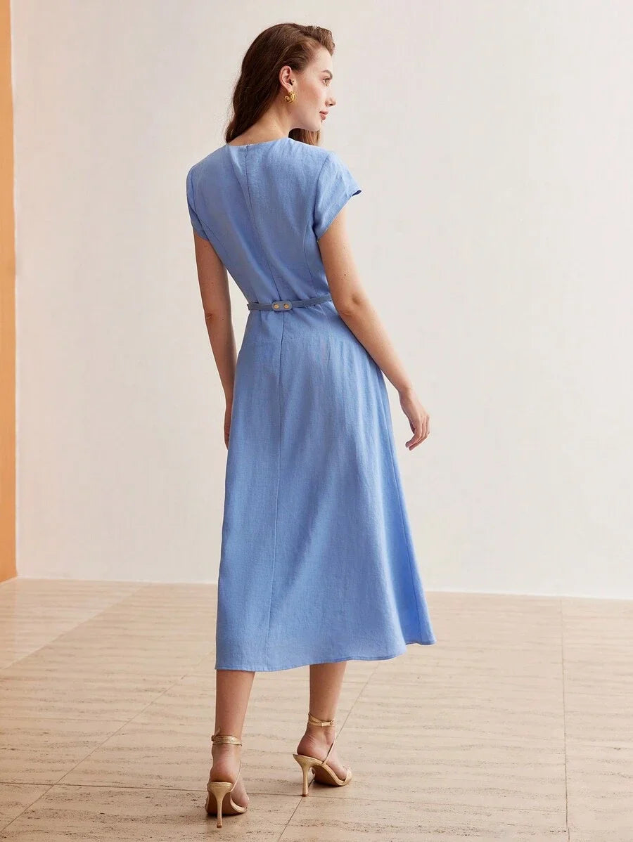 PREMIUM PURE LINEN SOLID GOLD METAL FLORAL BELTED DRESSSUMMER OUTFITS