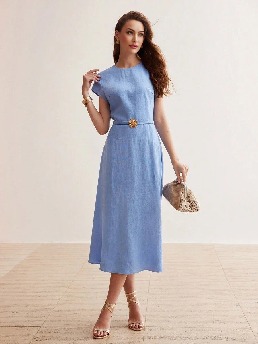 PREMIUM PURE LINEN SOLID GOLD METAL FLORAL BELTED DRESSSUMMER OUTFITS