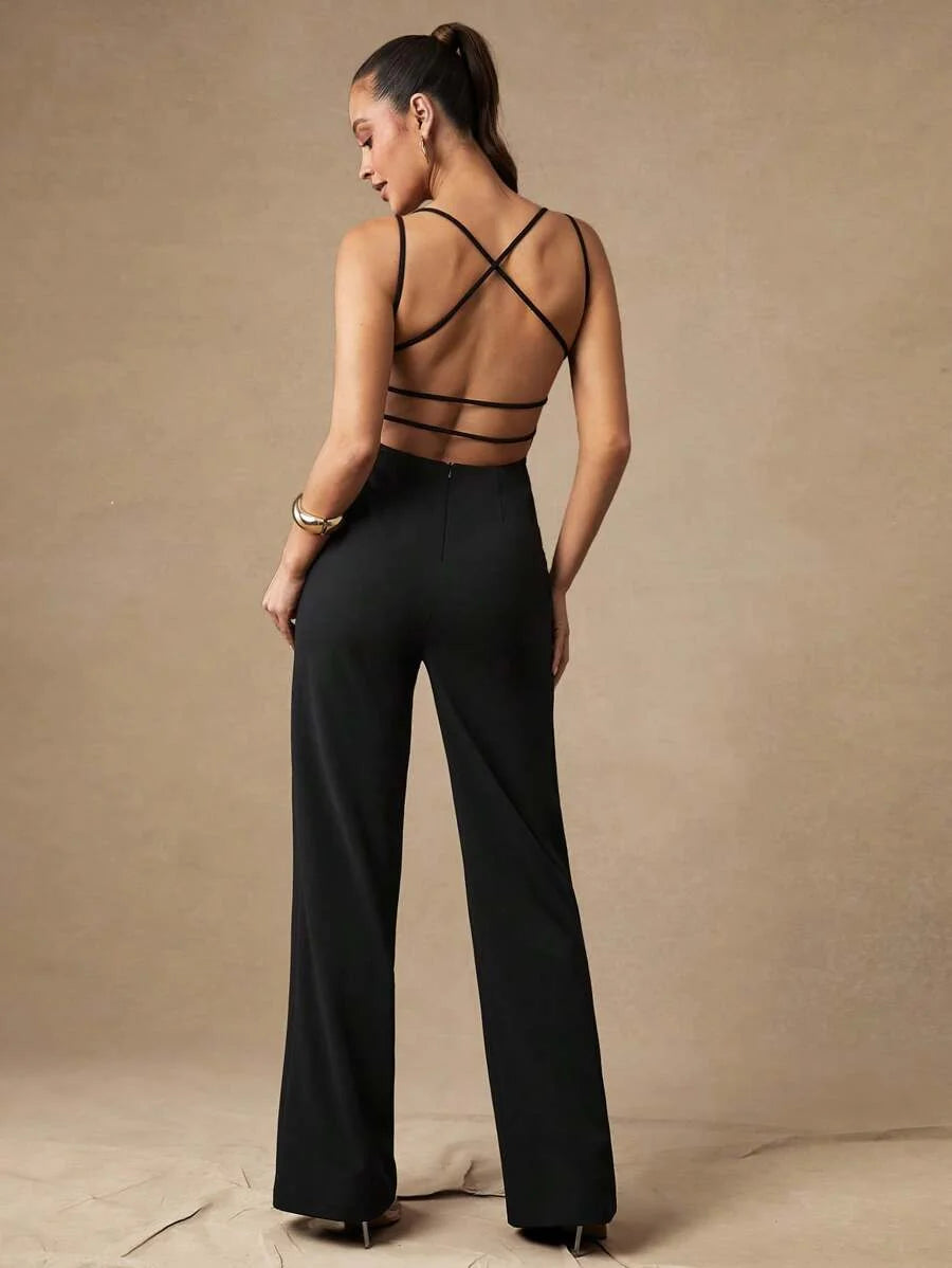 Premium Quality Elegant And Sexy Backless Cross Strap VNeck Design Black Solid Color Jumpsuit