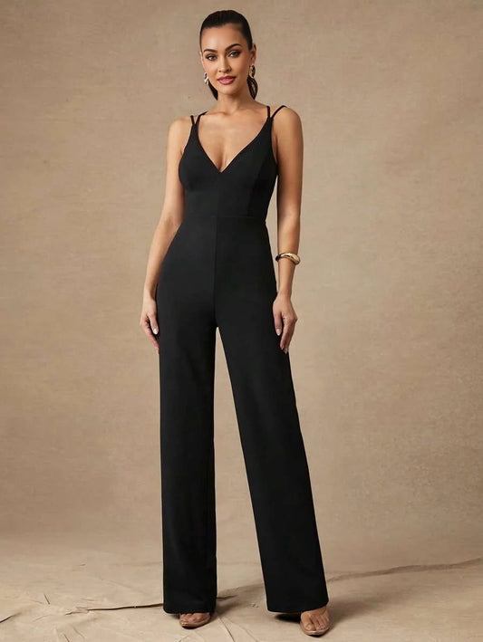 Premium Quality Elegant And Sexy Backless Cross Strap VNeck Design Black Solid Color Jumpsuit
