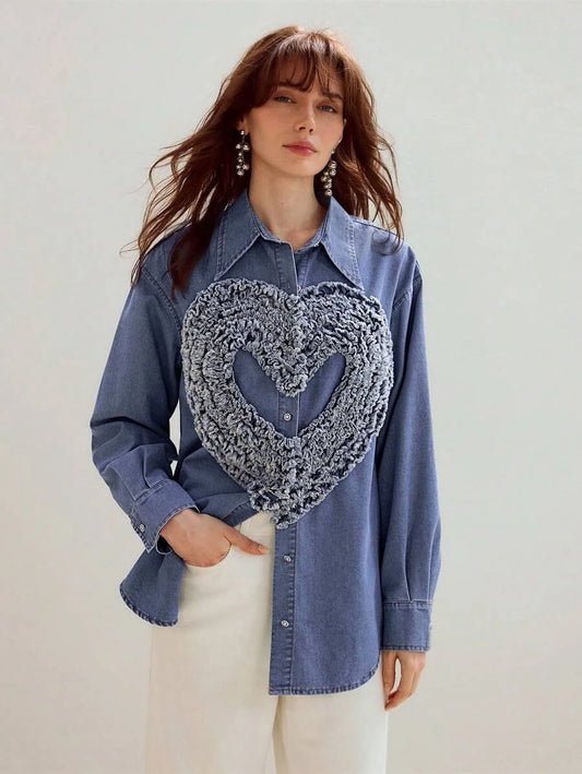 PREMIUM RAW EDGE HEART PATTERN DROP SHOULDER OVERSIZE DENIM SHIRT
