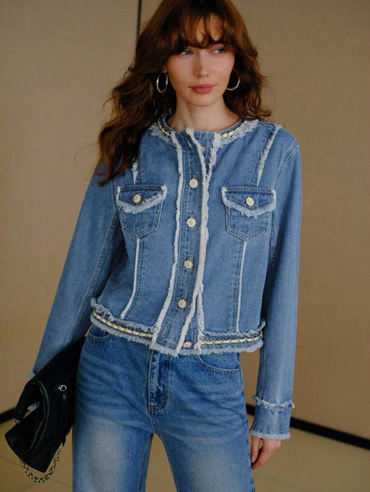 PREMIUM RAW HEM SINGLE BREASTED PLACKET DENIM JACKET