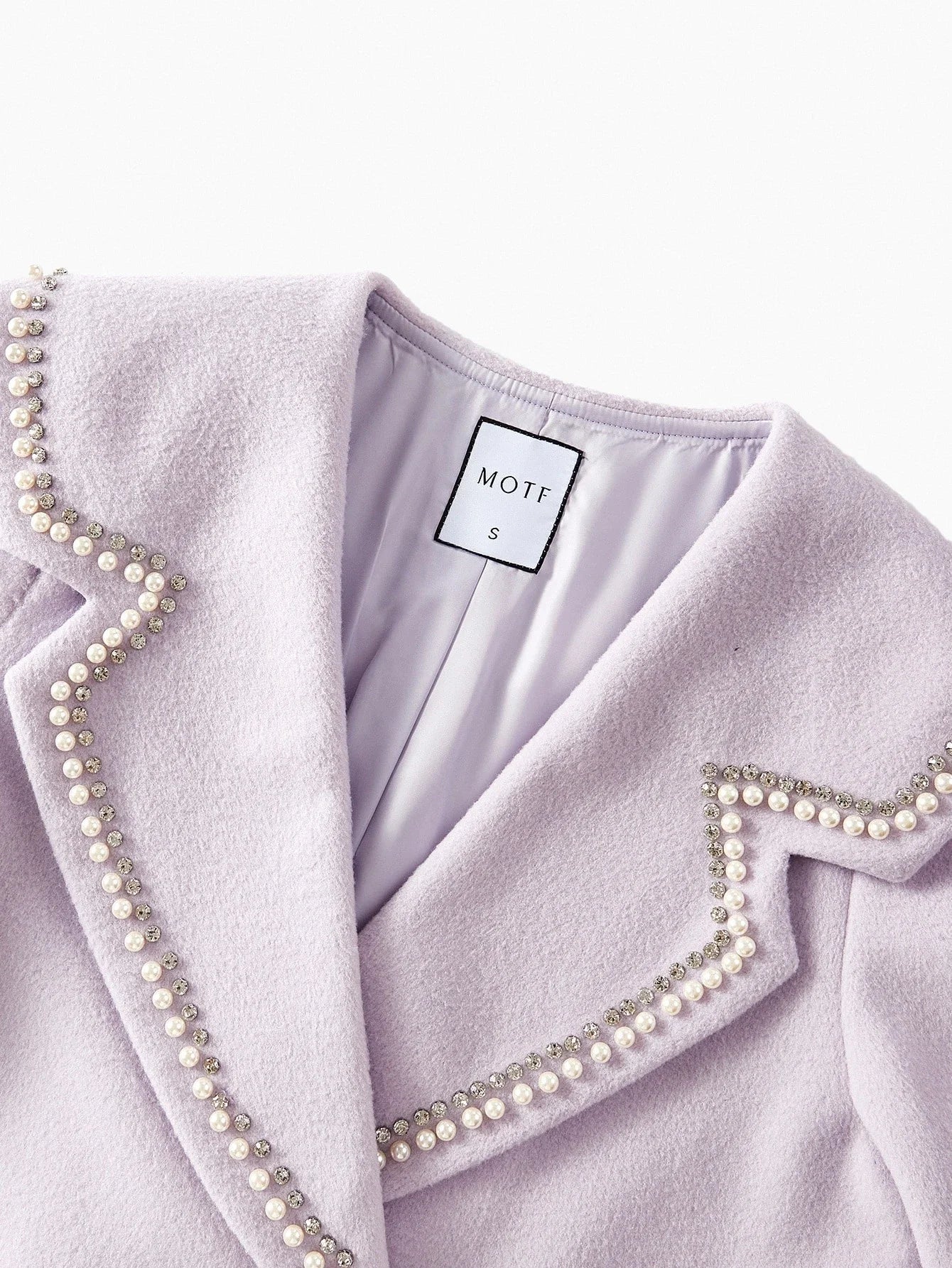 PREMIUM RHINESTONE AND FAUX PEARLS DETAIL LAPEL COLLAR CONTRAST FUZZY CUFF DOUBLE BREASTED OVERCOAT