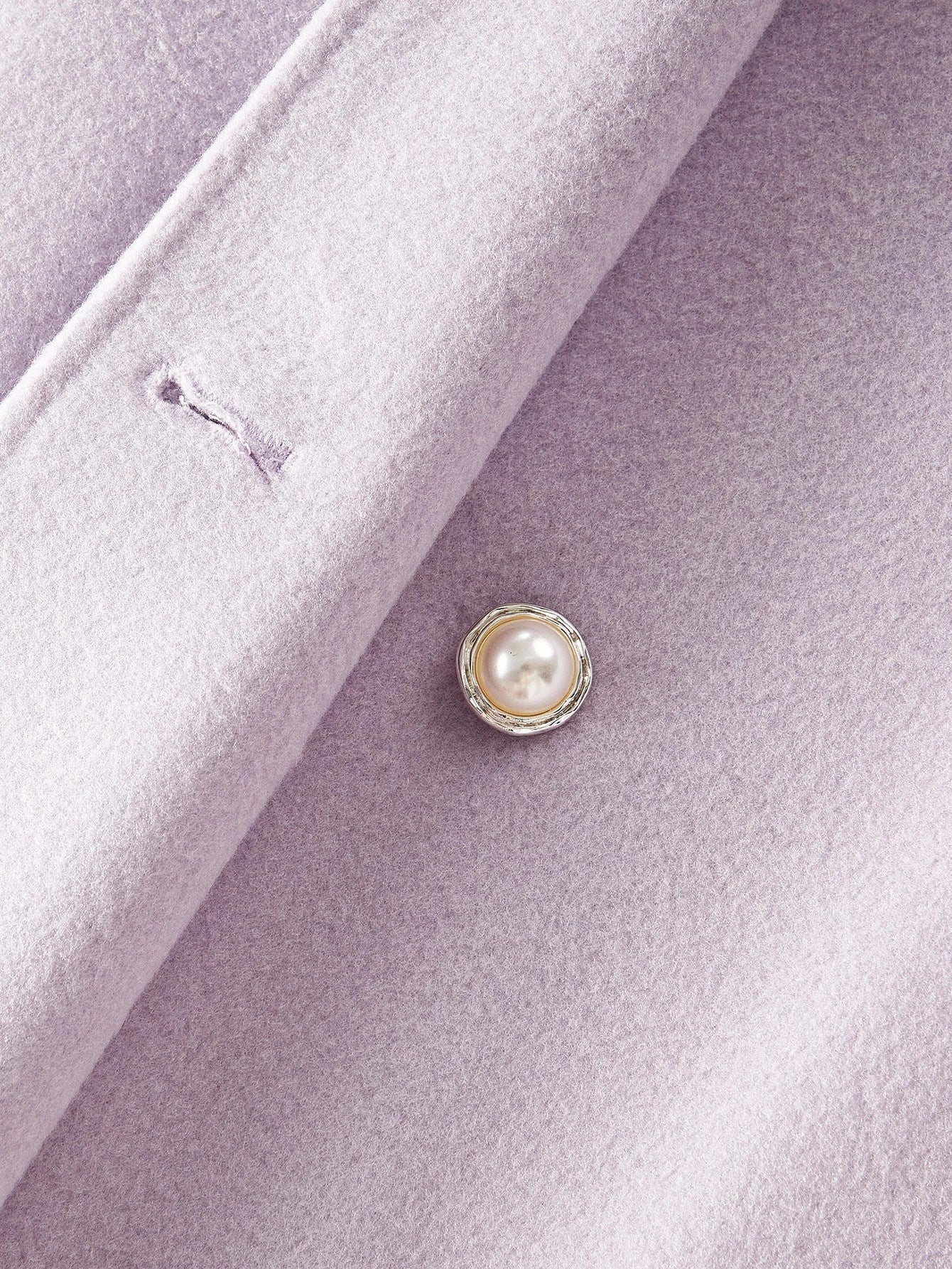 PREMIUM RHINESTONE AND FAUX PEARLS DETAIL LAPEL COLLAR CONTRAST FUZZY CUFF DOUBLE BREASTED OVERCOAT