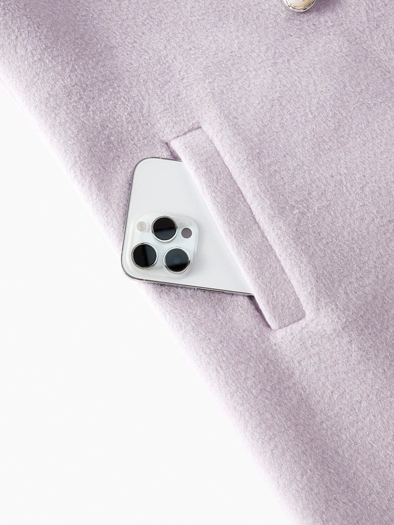 PREMIUM RHINESTONE AND FAUX PEARLS DETAIL LAPEL COLLAR CONTRAST FUZZY CUFF DOUBLE BREASTED OVERCOAT